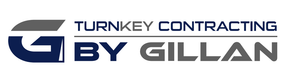 Logo for Turnkey Contracting By Gillan. Blue and gray text on a white background. "G" is stylized with gray and blue.