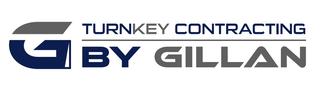 Logo for Turnkey Contracting By Gillan. Blue and gray text on a white background. "G" is stylized with gray and blue.