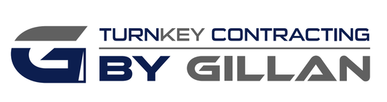 Logo for Turnkey Contracting By Gillan. Blue and gray text on a white background. 