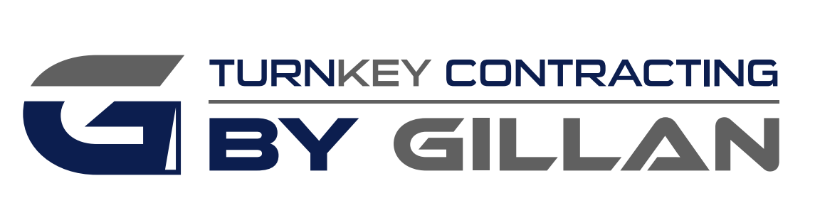 Logo for Turnkey Contracting By Gillan. Blue and gray text on a white background. "G" is stylized with gray and blue.