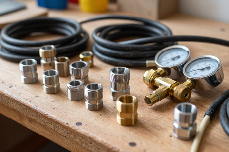 Coiled black hoses, metal pipe fittings, and pressure gauges on a wooden workbench