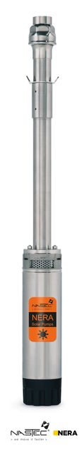 Vertical silver metal industrial pipe/antenna with orange label and black base on white background