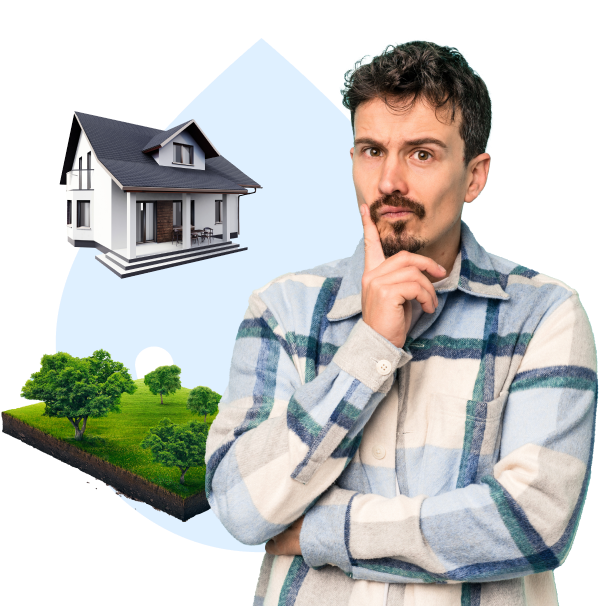 Man thinking beside a floating house and grassy land illustration on a white background