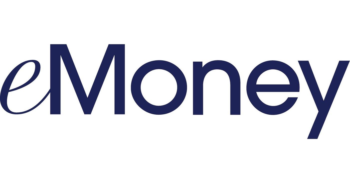 A blue and white logo for emoney on a white background.
