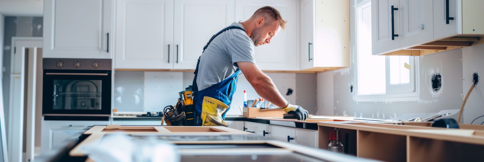 A man is working on a kitchen counter in a kitchen.