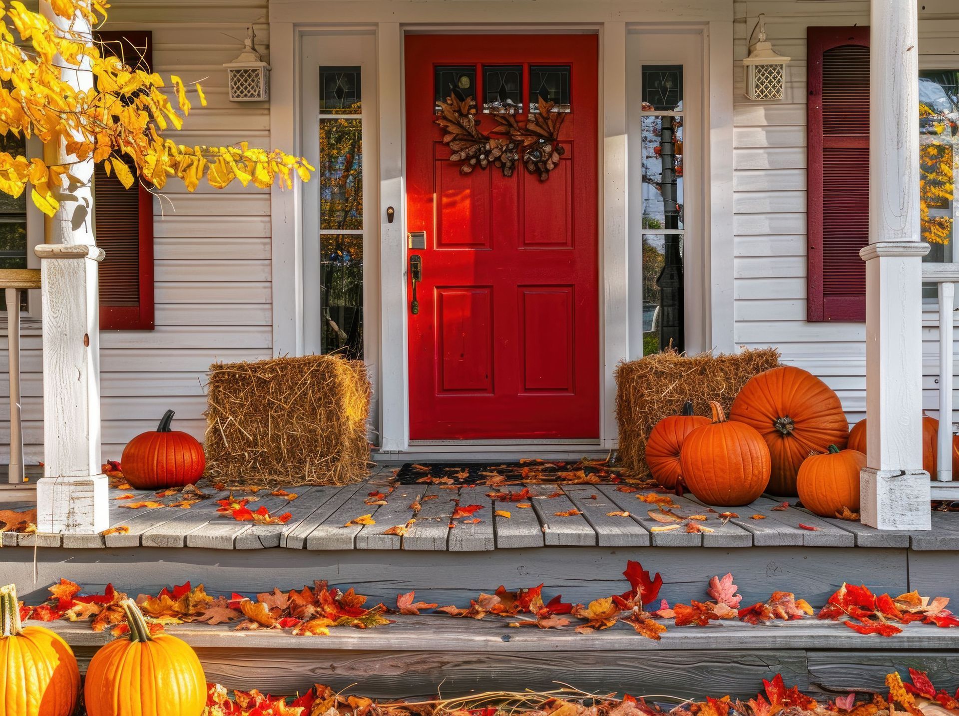 Red front door decorated for fall with pumpkins, hay bales, and autumn leaves on the porch