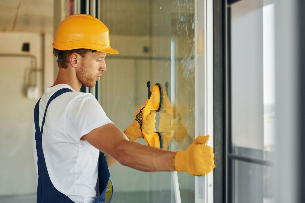 A man wearing a hard hat and overalls is installing a window.