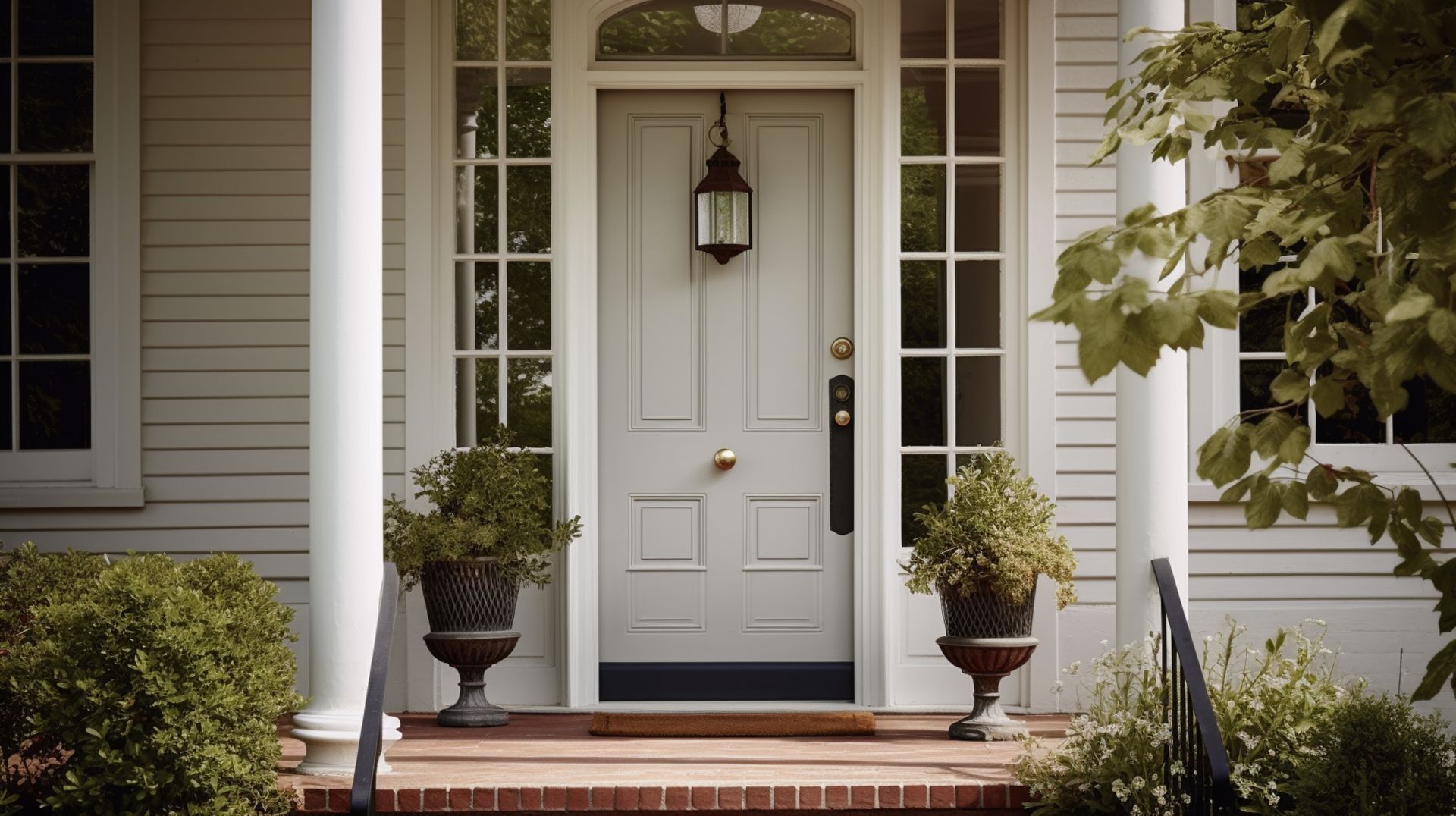 A white house with a porch and a white door