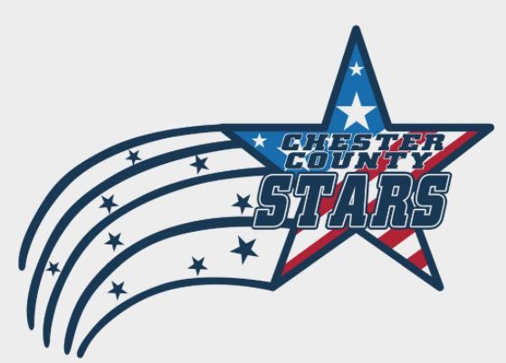 Chesterton County Stars logo with blue and red star, trailing white stars on a white background