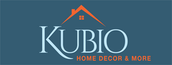 Kubio Home Decor & More logo with orange house roof icon on blue background