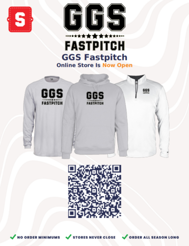GGS Fastpitch online store ad with gray and white team jackets and a QR code on a white background
