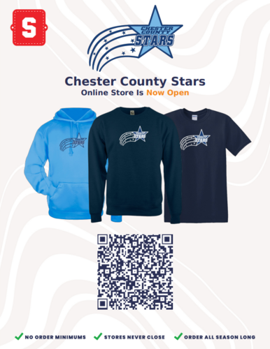 Chester County Stars online store promo with blue and navy hoodies, logo, and QR code