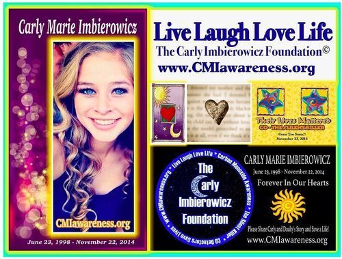 Collage for Carly Marie Imbriovits Foundation with smiling portrait, butterfly, crown, and “Live Laugh Love Life” text
