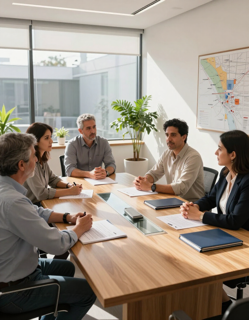 Reunión de negocios alrededor de una mesa de conferencias de madera