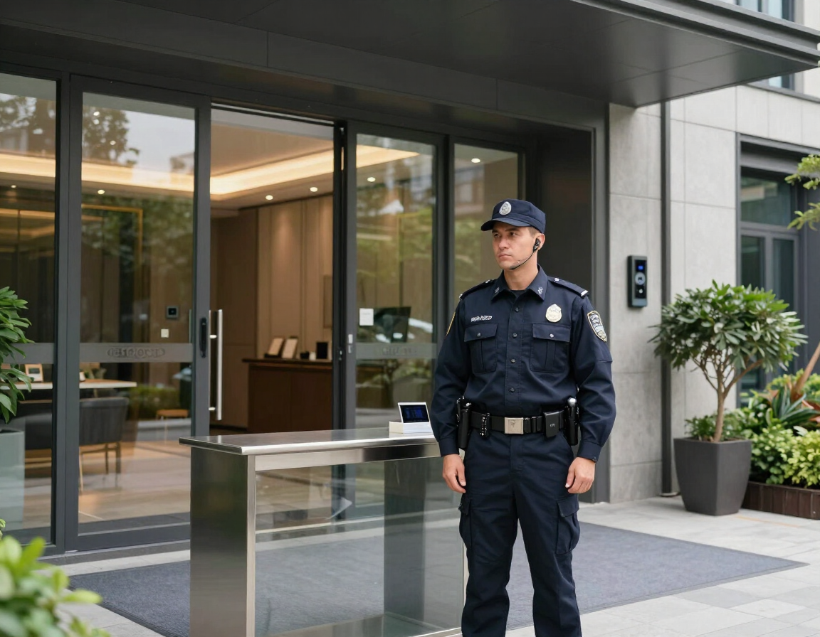 Un guardia de seguridad se encuentra frente a la entrada de un moderno edificio de oficinas.