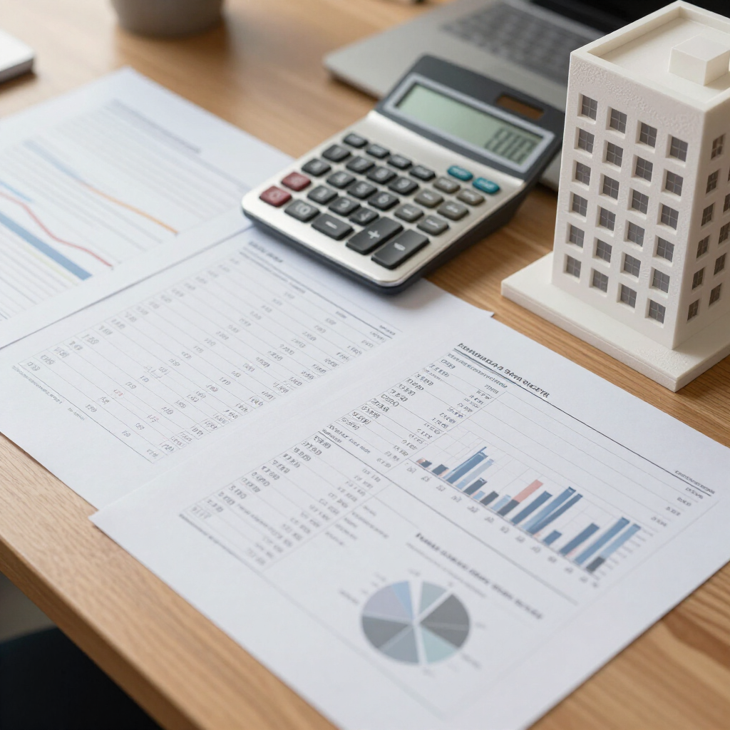 Informes financieros con gráficos, calculadora y creación de modelos en un escritorio.