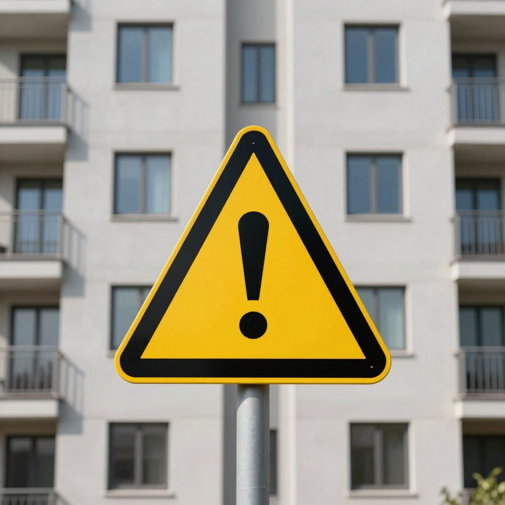 Señal de advertencia amarilla con un signo de exclamación frente a un edificio de apartamentos.