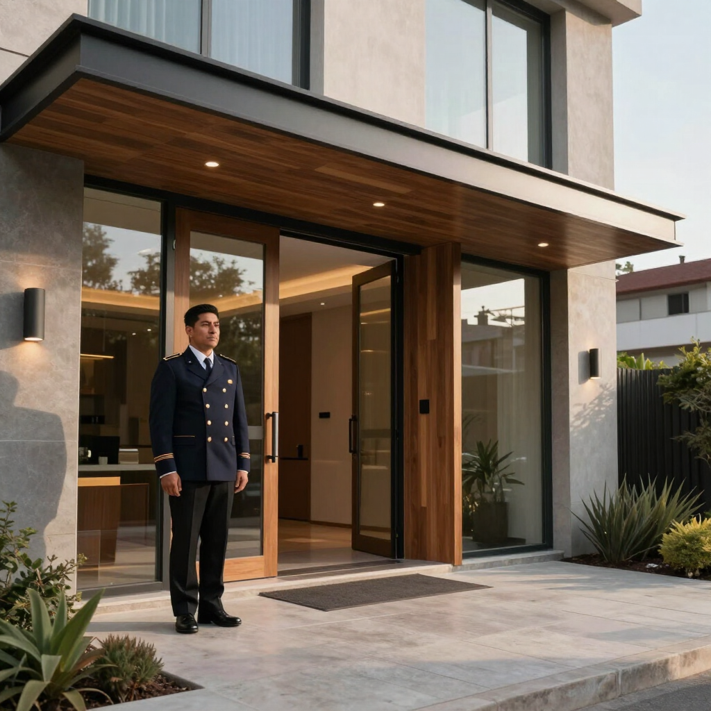 Hombre con uniforme oscuro de pie frente a la entrada de una casa moderna con detalles de madera y puertas de cristal.