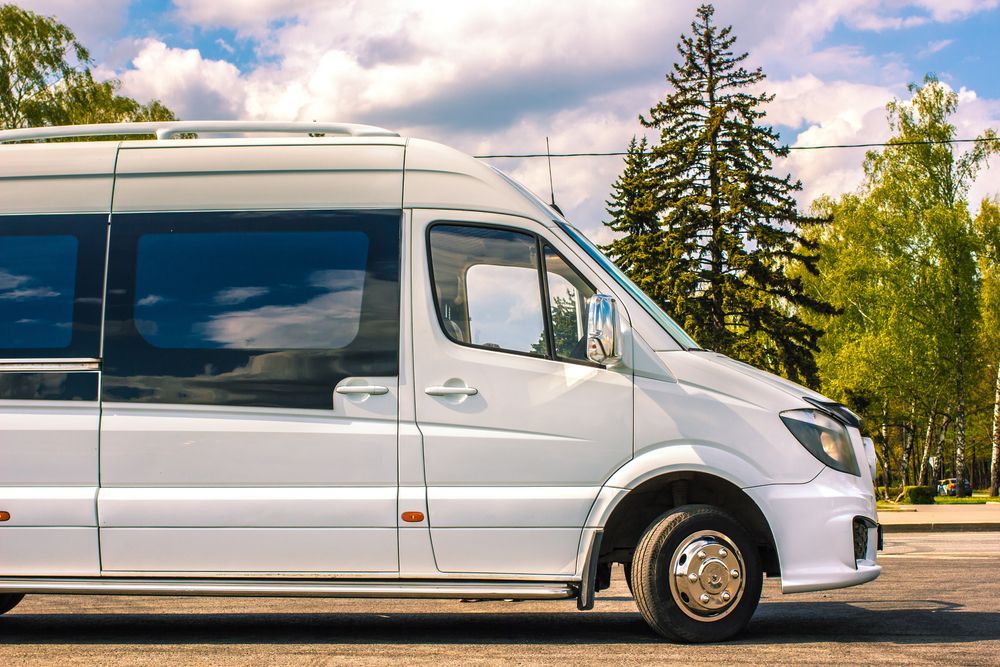 A side profile of a white sprinter van parked outdoors against a backdrop of trees and a cloudy blue sky.