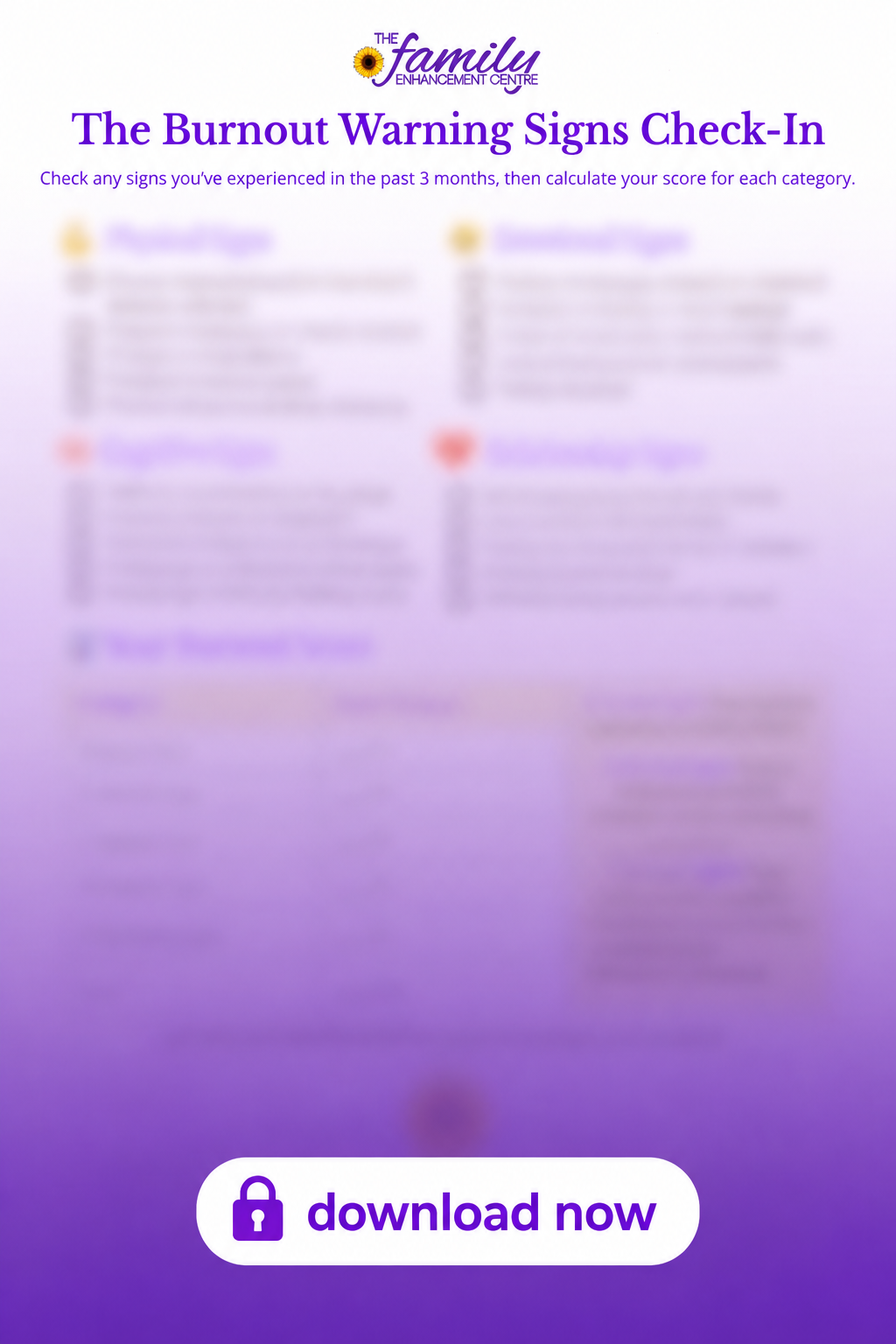 Purple brochure cover for “The Burnout Warning Signs Check-In” with a “download now” button at the bottom
