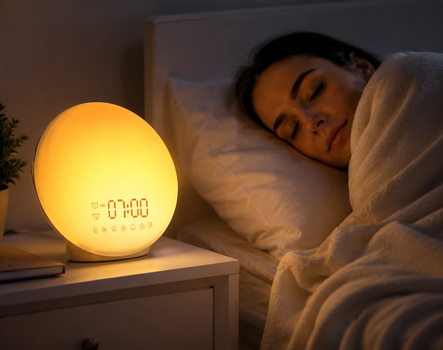 Woman asleep in bed beside a glowing sunrise alarm clock on a nightstand