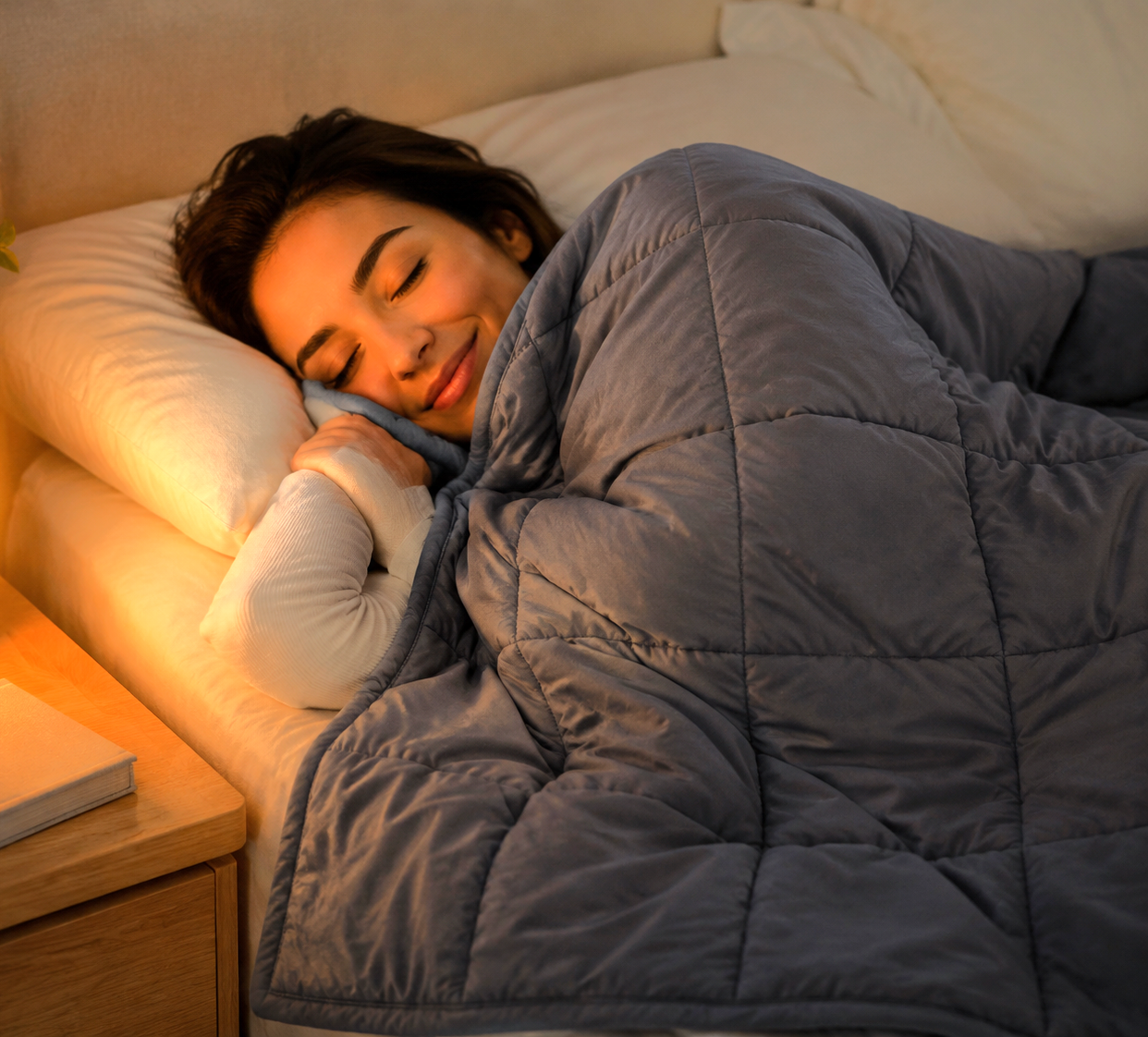 Person sleeping in bed under a gray comforter beside a warm bedside lamp