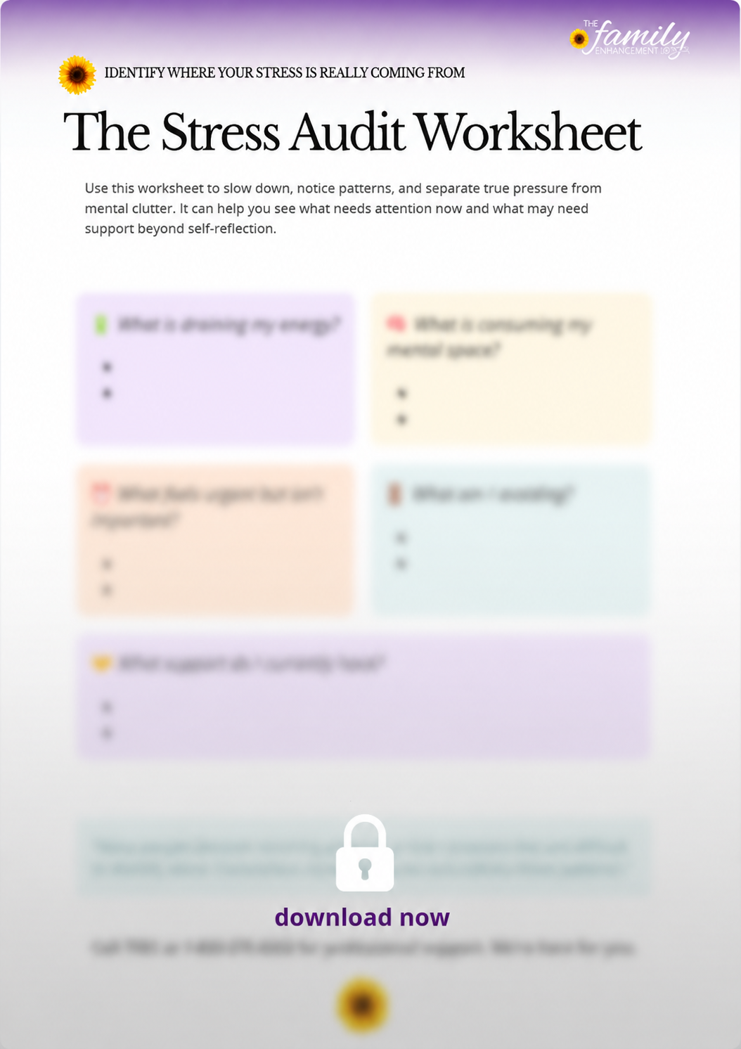 Stress Audit Worksheet with four pastel question boxes and a “download now” prompt at the bottom.