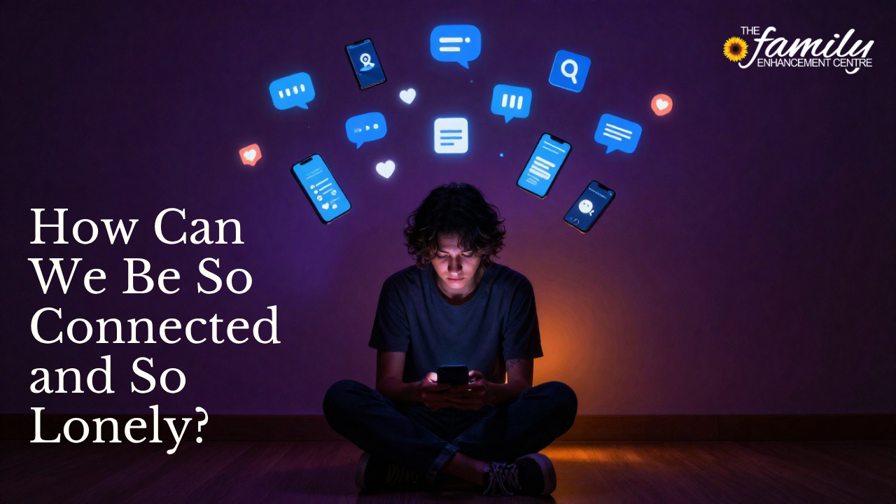 Person sitting cross-legged under glowing app icons with text: “How Can We Be So Connected and So Lonely?”