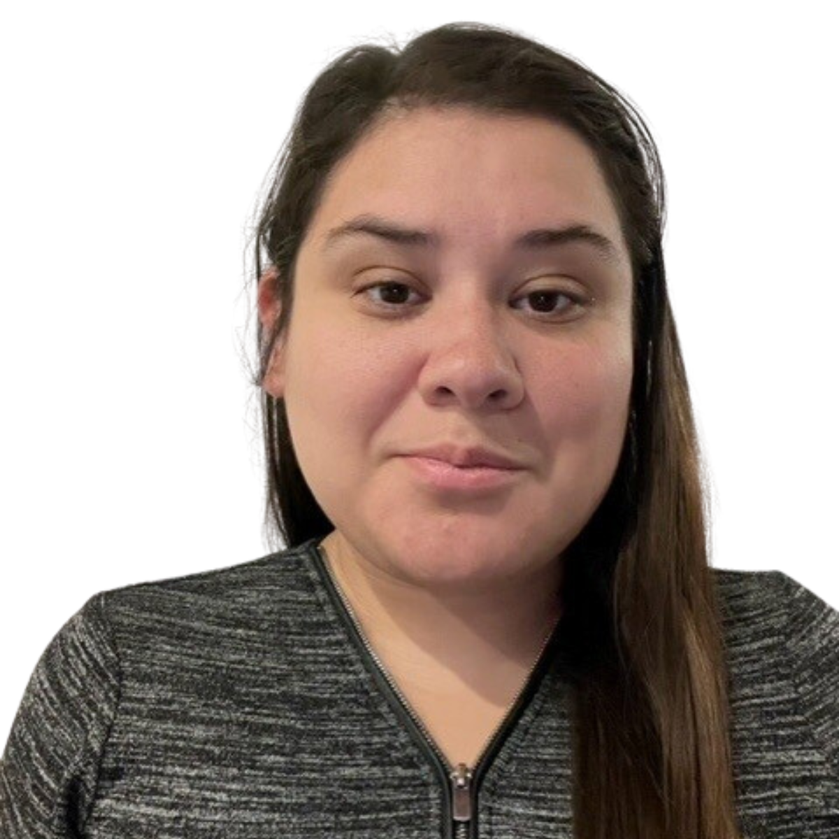 Woman with dark hair in a gray and black zip-up sweater, looking towards the camera.