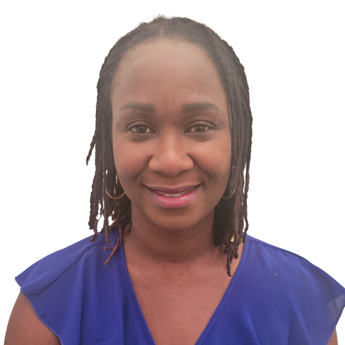 Woman with braided hair smiling, wearing a blue top, against a white background.