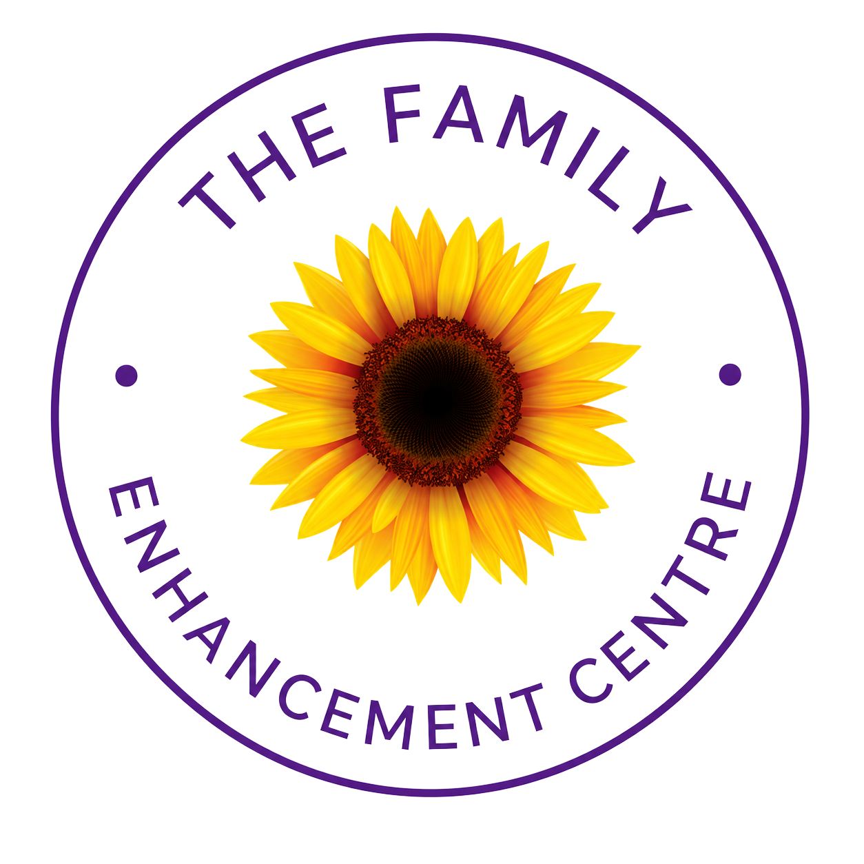 Purple circular logo with sunflower and the text “The Family Enhancement Centre”