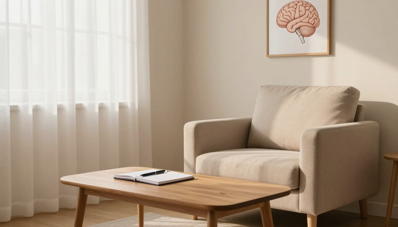 A cozy beige living room with an armchair, wooden coffee table, sheer curtains, and a wall art print.