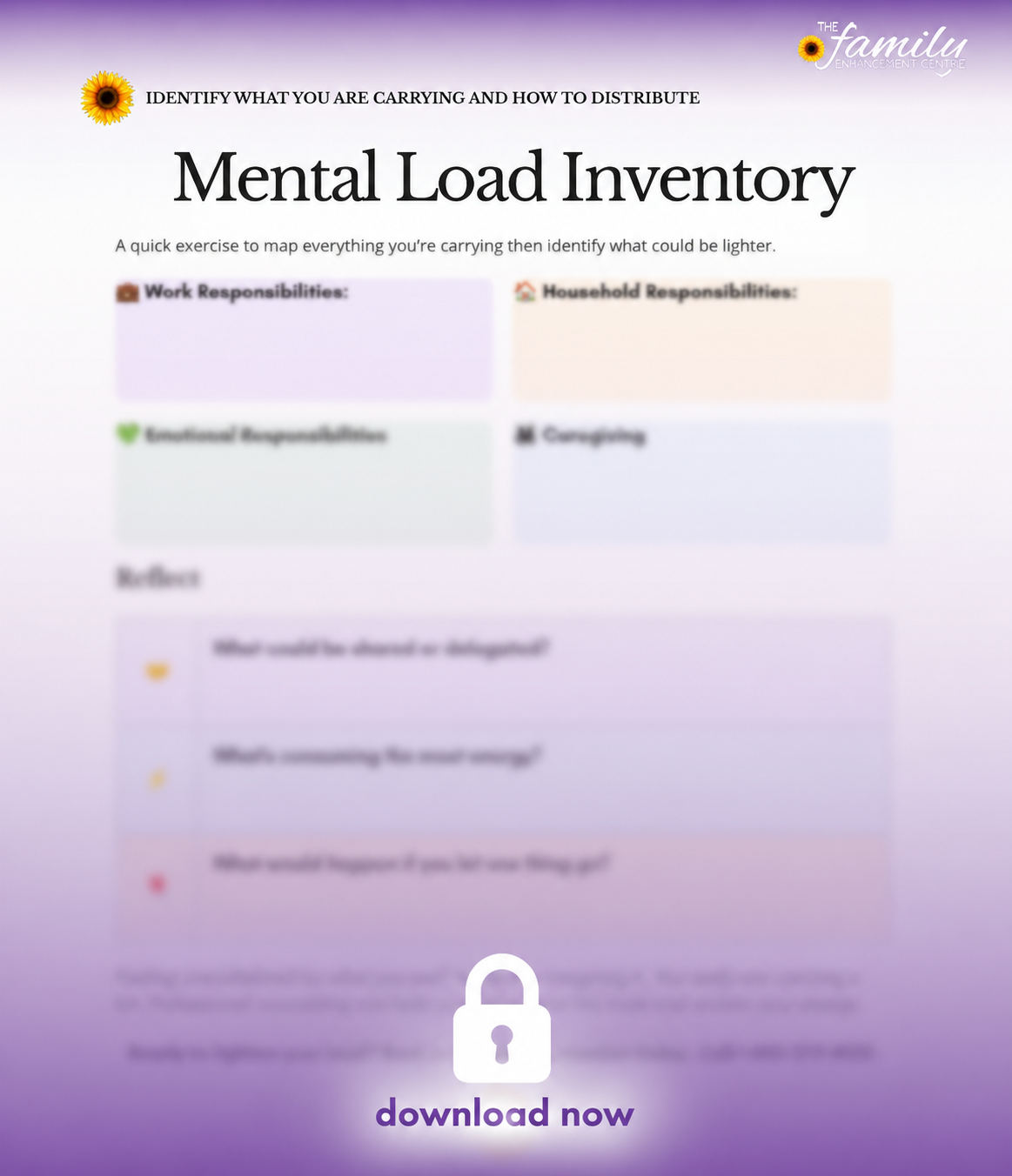 Mental Load Inventory worksheet with pastel sections, survey items, and a download now button with lock icon