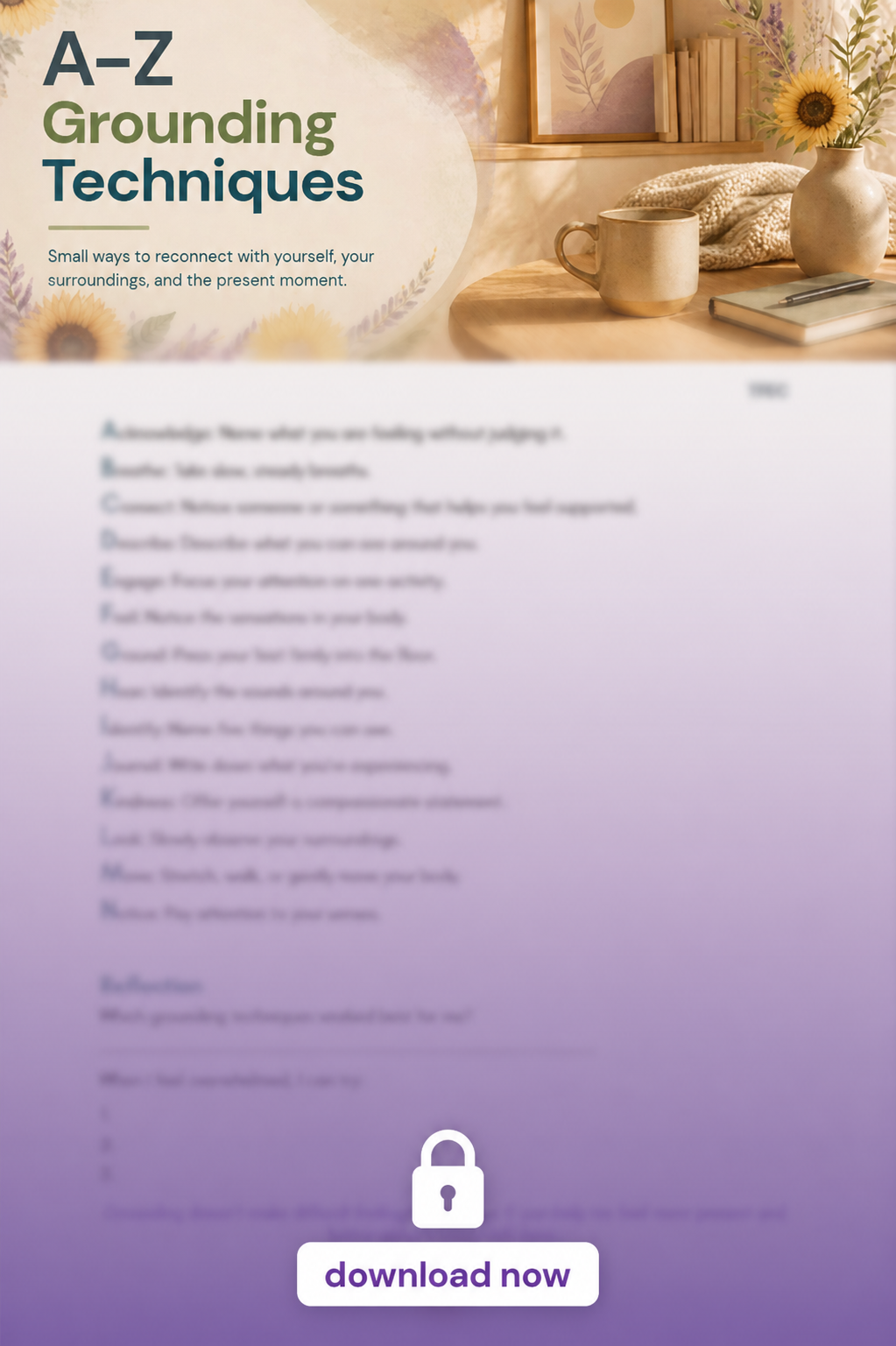 A-Z grounding techniques guide with warm-toned desk photo and a download now button