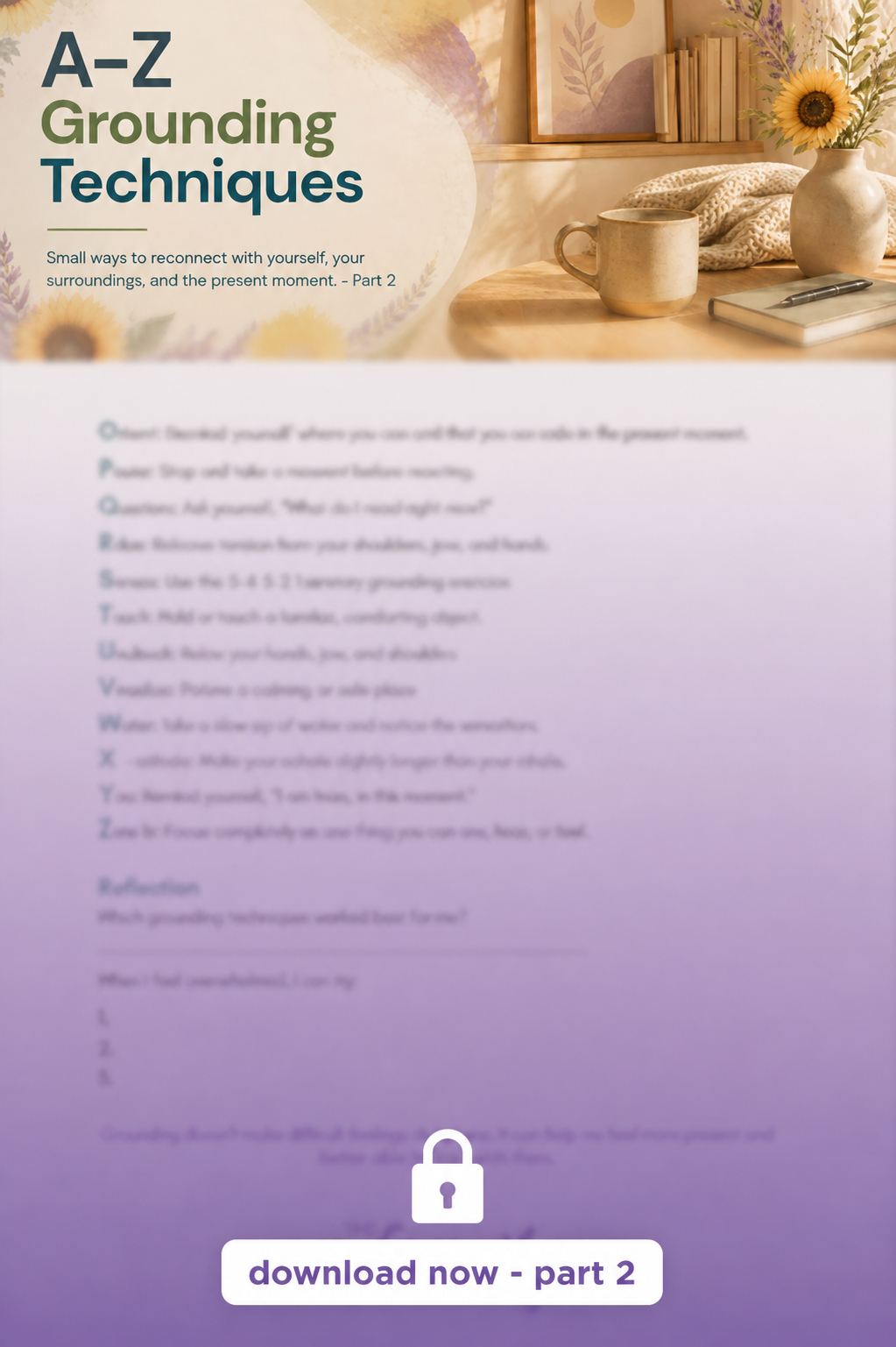A-Z Grounding Techniques worksheet with calm desk scene, soft beige tones, and a download button at the bottom