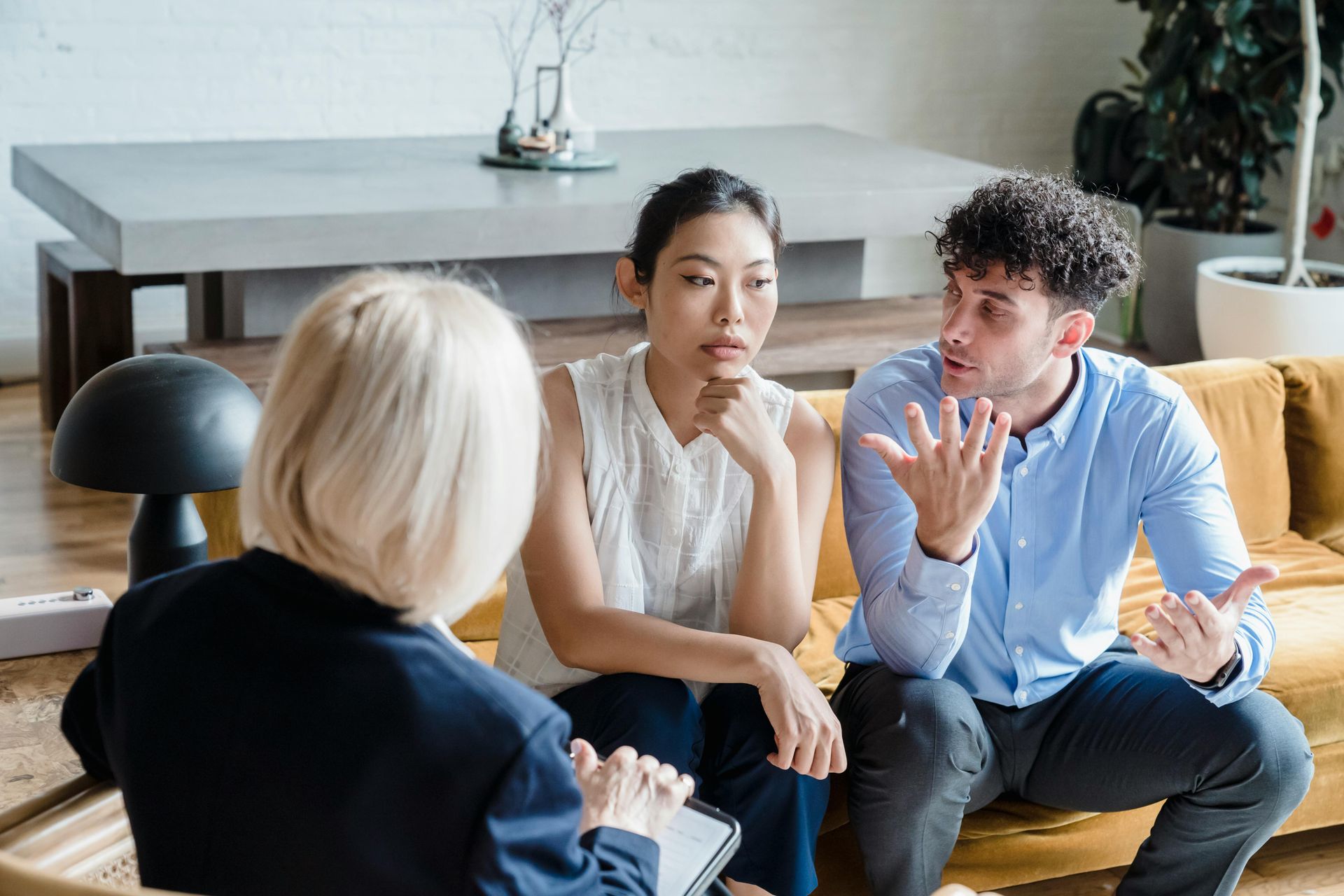 Couple talking with a therapist on a couch in a living room.