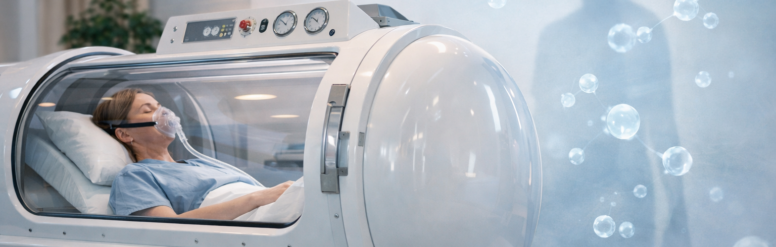 Person in a hyperbaric chamber wearing an oxygen mask. Bubbles in the background.