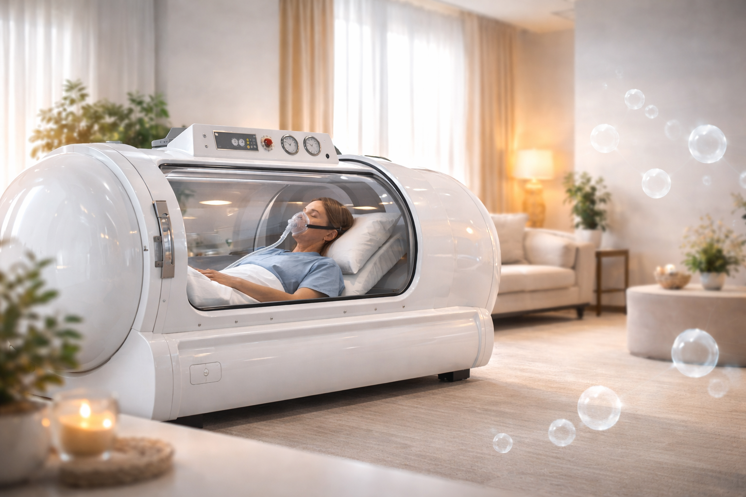 A person inside a white hyperbaric chamber in a living room; bubbles float nearby.