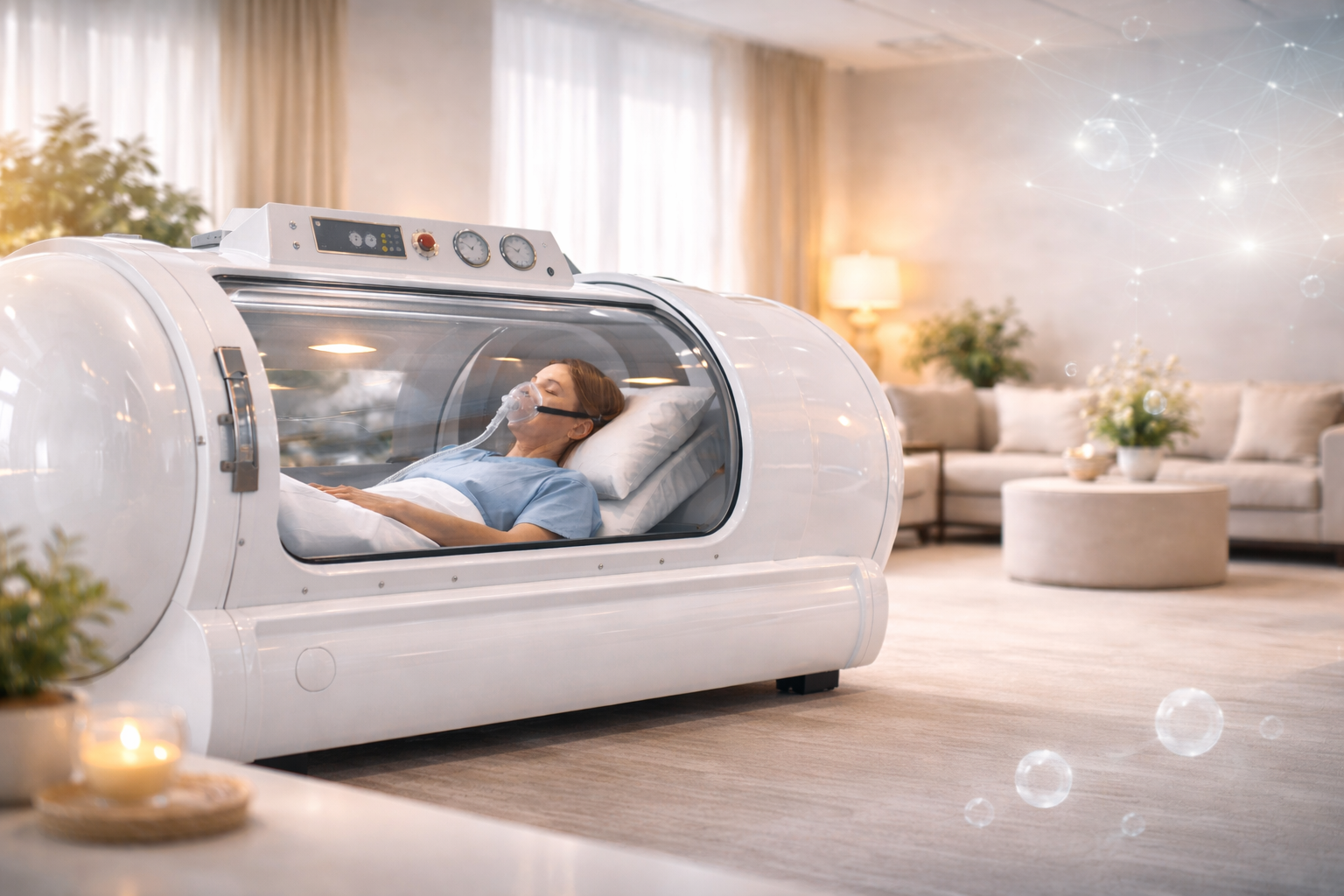 Woman lying in a hyperbaric oxygen therapy chamber, appearing relaxed. Modern room with plants, sunlight, and couch.