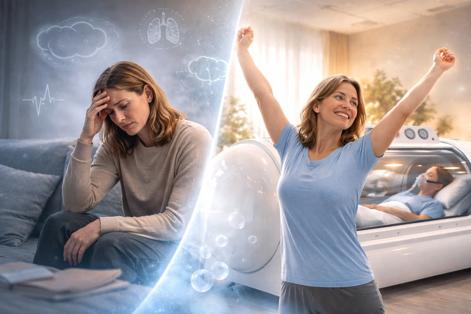 Woman looking sad, then happy, after a hyperbaric oxygen chamber treatment. Illustrated health symbols.