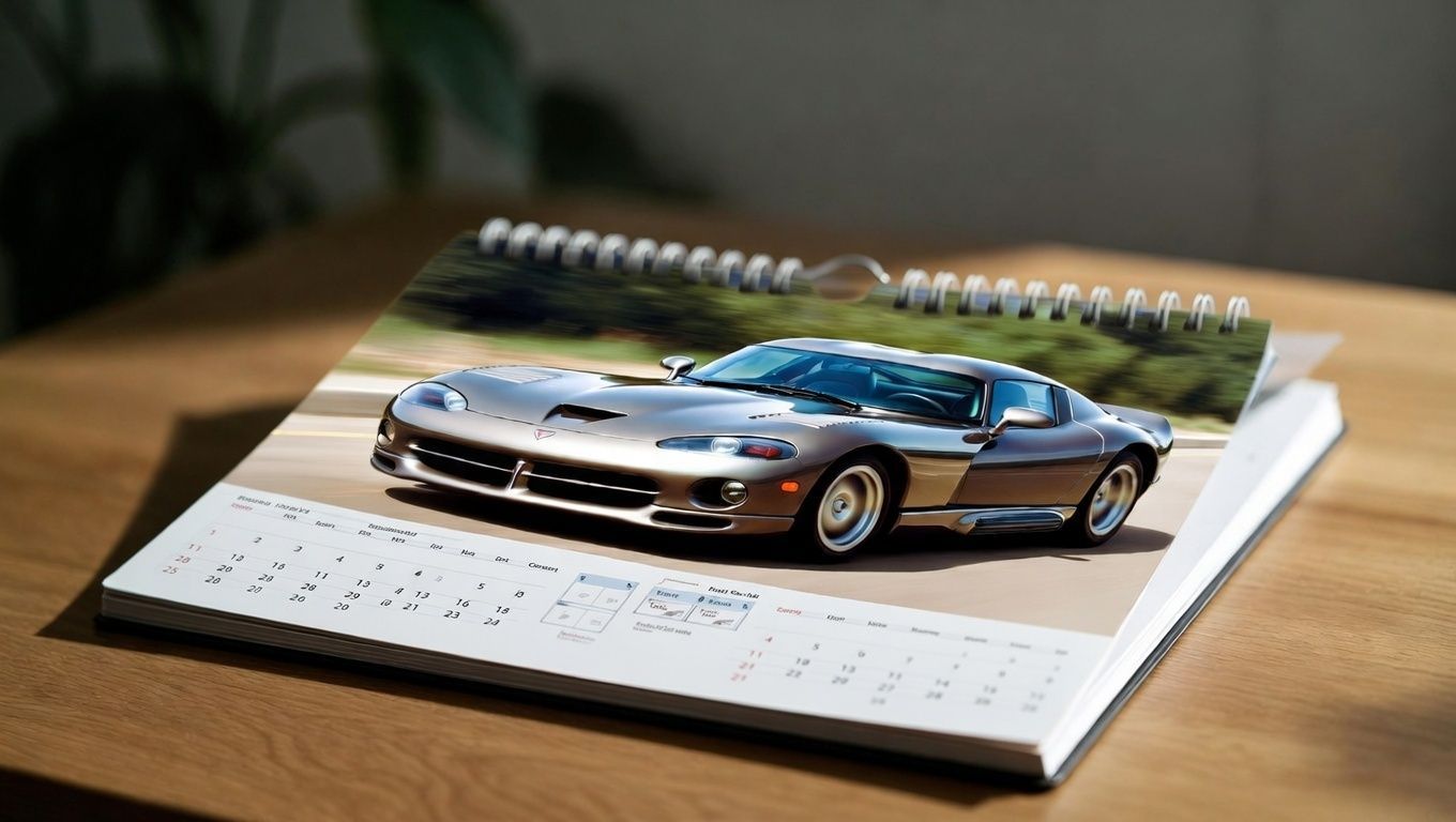 Calendar with photo of a silver sports car on a wooden table.