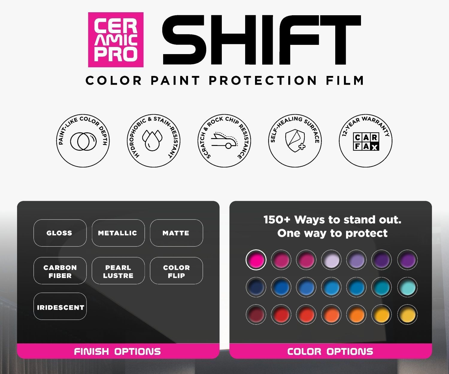 CERAMIC PRO SHIFT color paint protection film ad with finish and color options shown