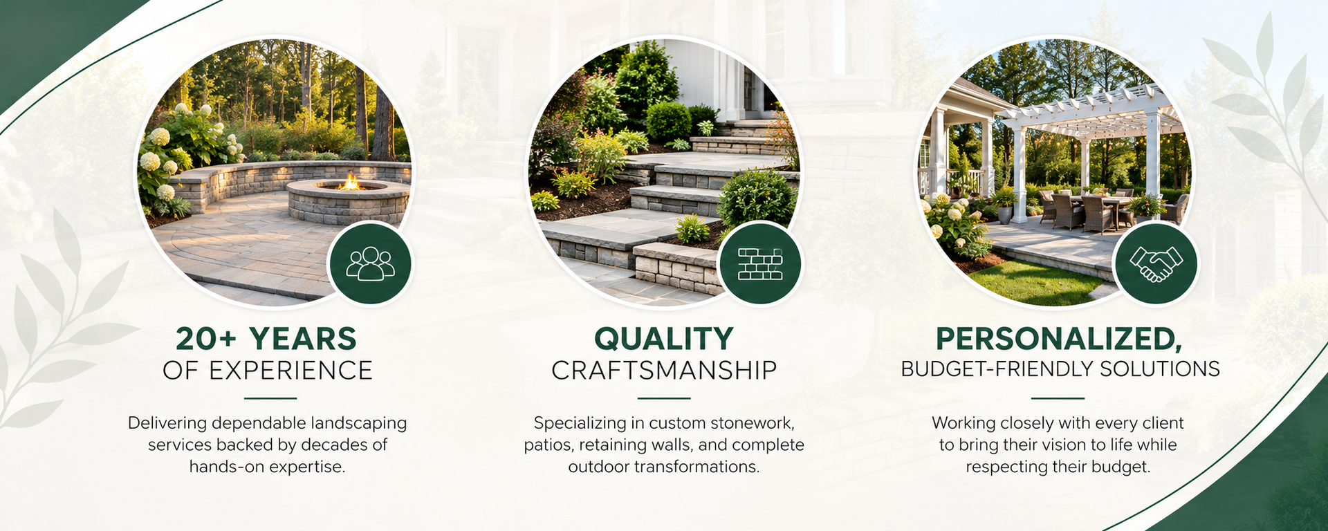 Three circular panels showing a landscaped backyard, highlighting 20 years’ experience, quality craftsmanship, and personalized service