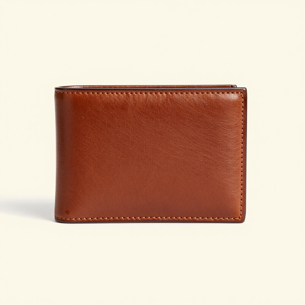 Cartera de piel marrón sobre fondo beige claro