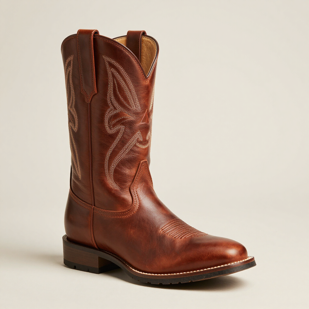 Bota vaquera de cuero marrón sobre un fondo liso
