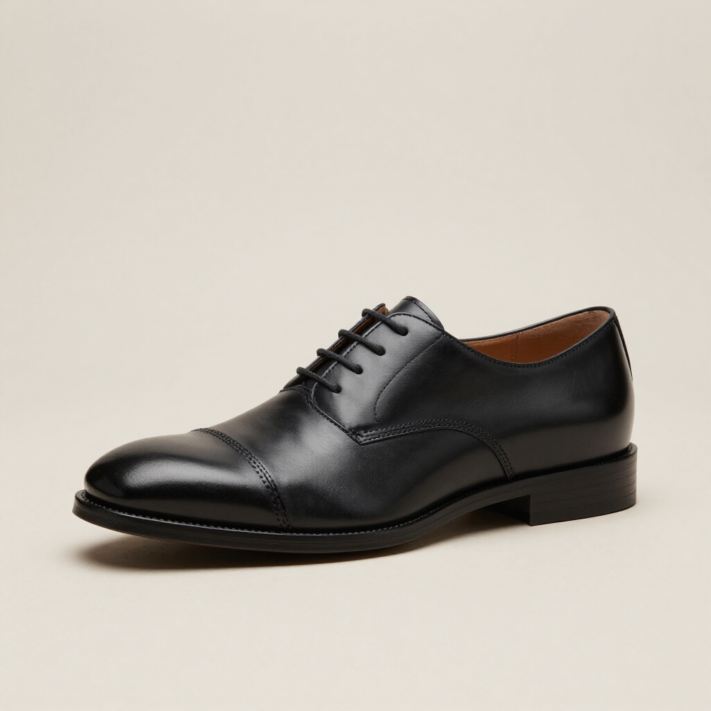 Zapato de vestir de cuero negro con cordones sobre un fondo neutro.