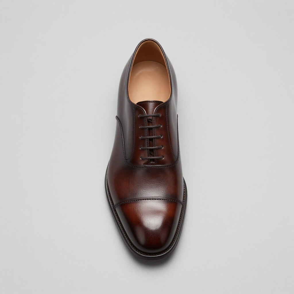 Zapato de vestir de cuero marrón sobre un fondo gris claro
