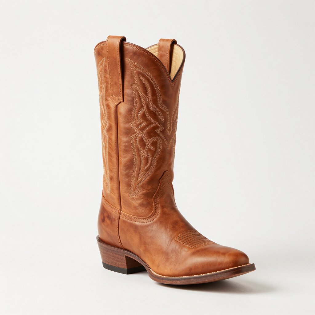 Bota vaquera de cuero color canela con punta afilada y caña cosida sobre fondo blanco.