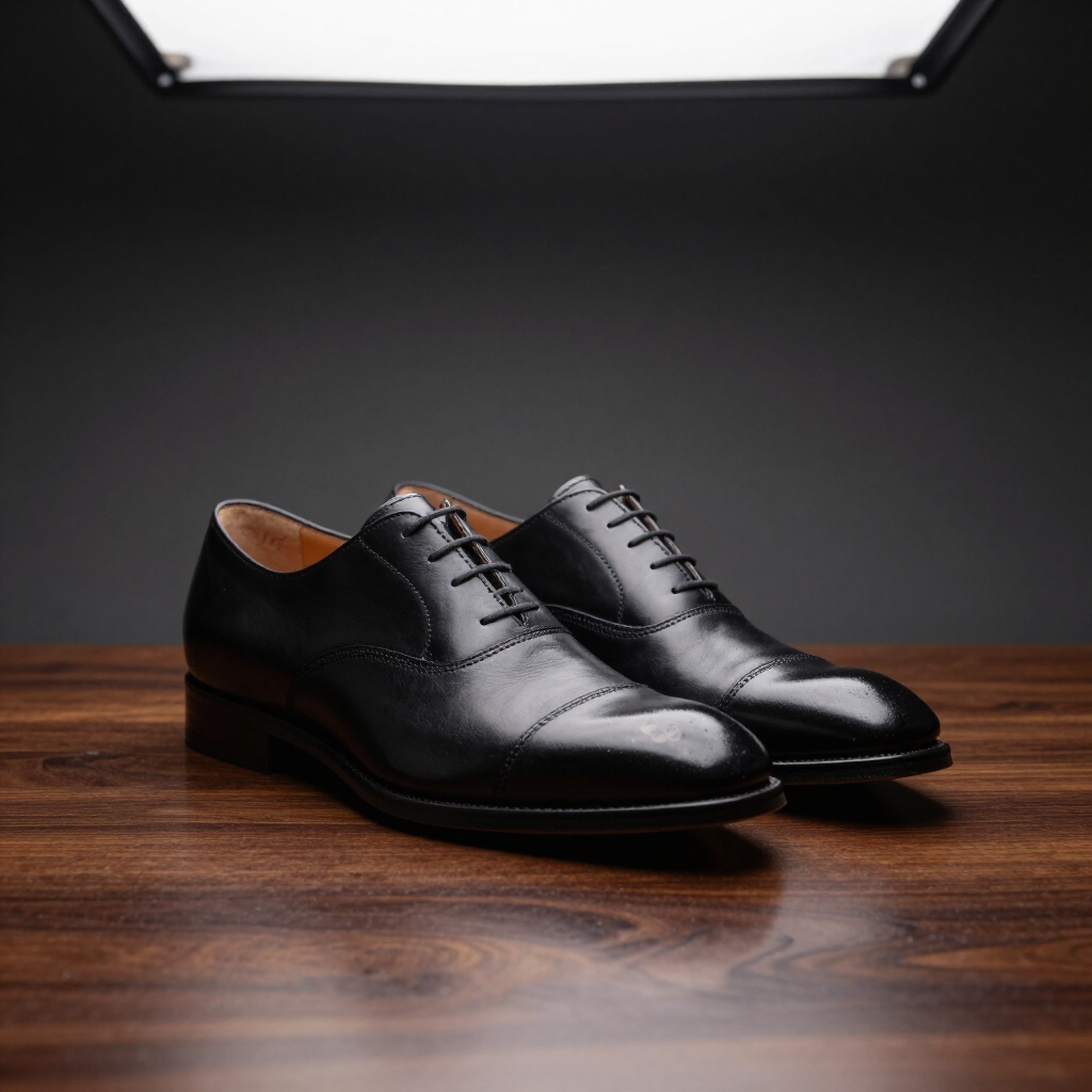 Zapatos de vestir de cuero negro sobre una superficie de madera con un fondo de estudio oscuro.
