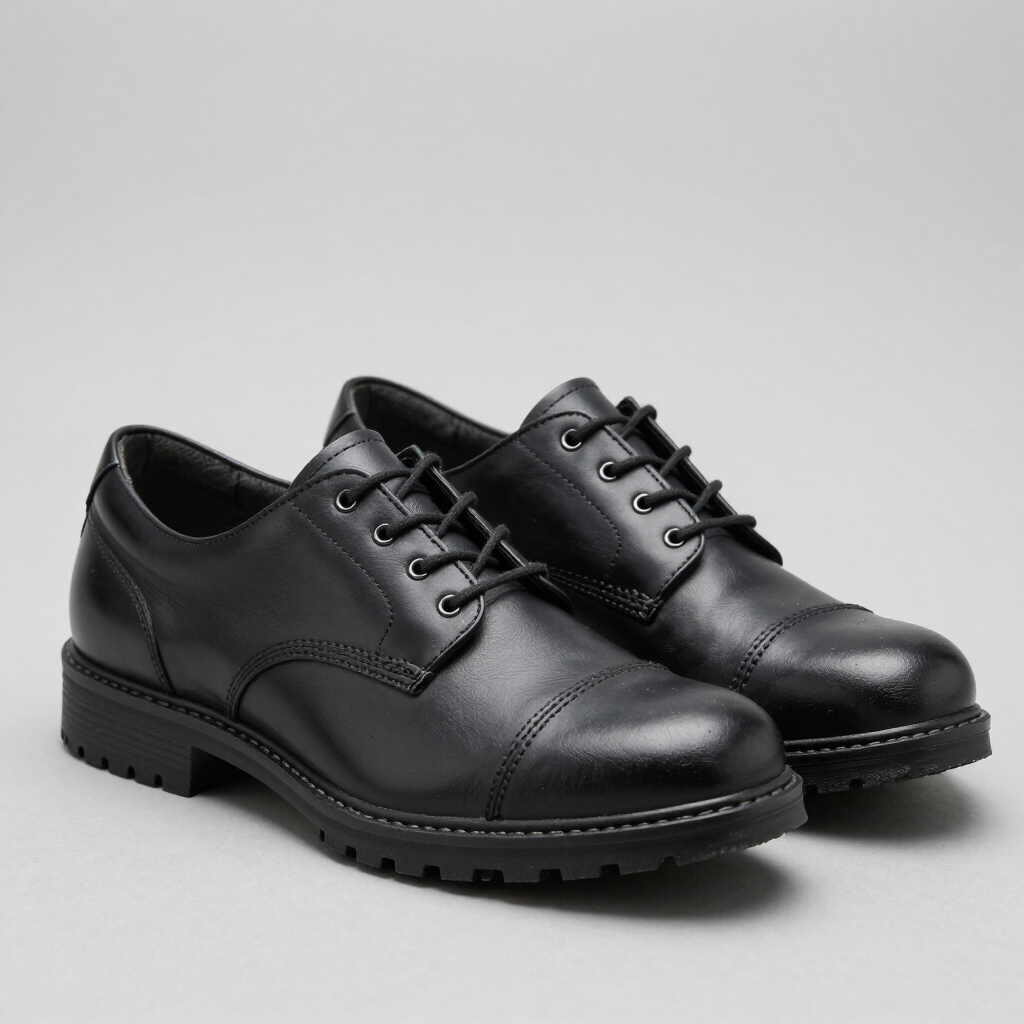 Zapatos de vestir de cuero negro con cordones sobre un fondo gris claro.